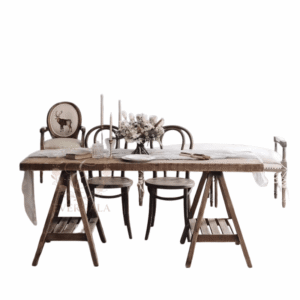 EverGala rustic American solid wood rectangular table, versatile for use as a grand meeting desk, floral workstation, or art studio table in commercial and hospitality spaces.