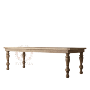 EverGala rustic loft-style solid wood wedding reception table with a distressed finish, perfect for Nordic pastoral or Mediterranean themed garden weddings and banquet halls.