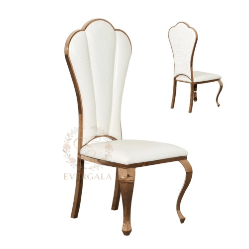 Elegant gold stainless steel wedding chair with a scalloped petal-shaped high backrest, sophisticated seating for luxury event venues
