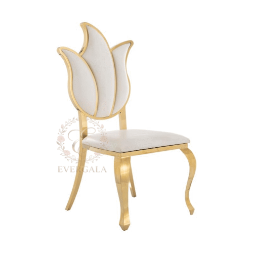 Elegant gold stainless steel wedding chair with a scalloped shell-shaped upholstered backrest, sophisticated seating for romantic ceremonies