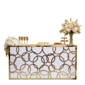 Silver chrome finish bar counter with modern circular interlocking cutout design. Ideal for modern weddings, contemporary events, art gallery openings and themed parties. Eye-catching design that stands out.