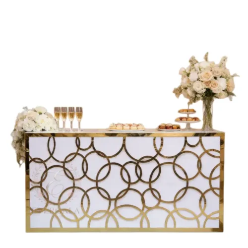 Silver chrome finish bar counter with modern circular interlocking cutout design. Ideal for modern weddings, contemporary events, art gallery openings and themed parties. Eye-catching design that stands out.