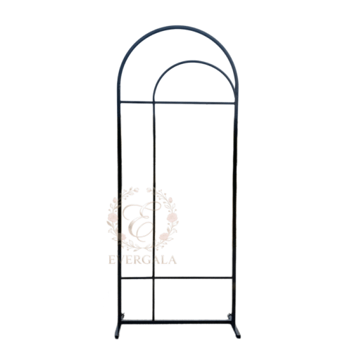 Simple black iron garden wedding arch gate with decorative top for outdoor reception paths
