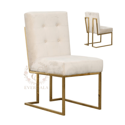 Modern gold stainless steel dining chair featuring a stable sled base frame and button-tufted upholstered backrest, factory direct