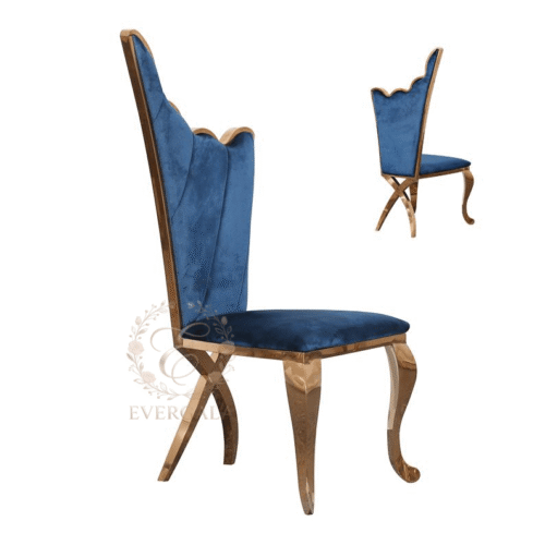 Sleek gold stainless steel dining chair with a modern slim black upholstered high backrest, factory direct for luxury event rentals