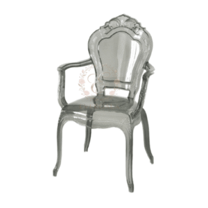 Wholesale clear resin armchair in Louis style featuring an ornate carved pattern on the backrest and armrests for elegant event decor