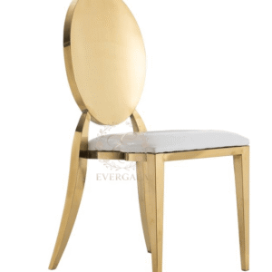 Regal gold stainless steel royal chair featuring a solid metal oval backrest and elegant curved legs for wedding banquet halls