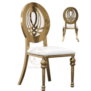 Regal polished gold stainless steel royal chair with a solid metal oval back, high-end furniture for upscale event rentals