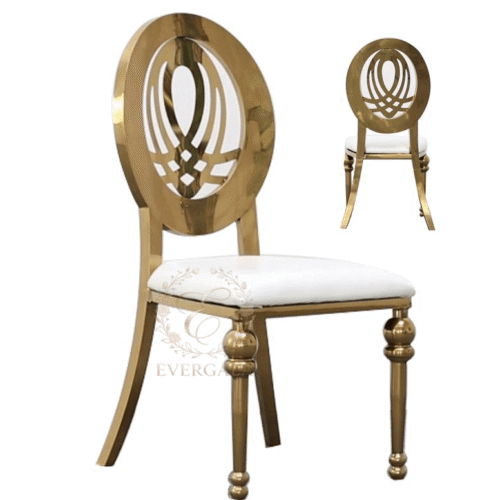 Regal polished gold stainless steel royal chair with a solid metal oval back, high-end furniture for upscale event rentals