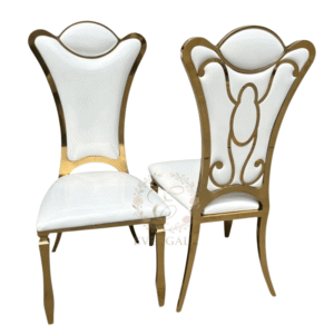 Exquisite gold stainless steel event chair with a spiral scroll laser-cut pattern backrest, artistic furniture for high-end wedding venues