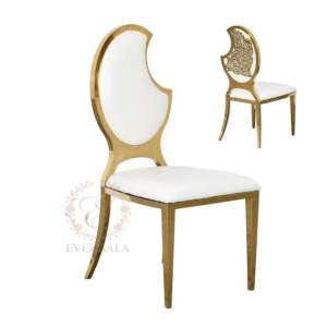 Modern gold stainless steel dining chair with a swan-inspired graceful white backrest design, elegant furniture for high-end wedding venues