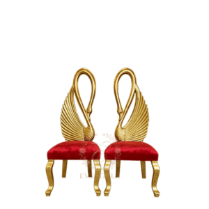 Luxury swan design gold wedding chair with red cushion seat.