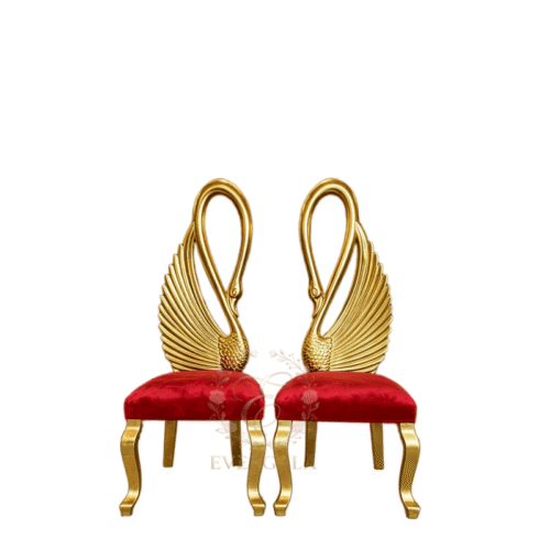 Luxury swan design gold wedding chair with red cushion seat.