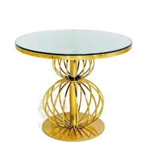 Wholesale circular glass top table featuring a luxury gold beaded stainless steel pedestal.