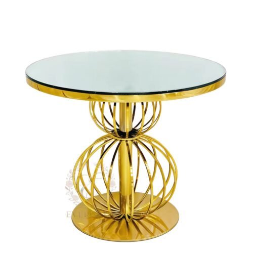 Wholesale circular glass top table featuring a luxury gold beaded stainless steel pedestal.