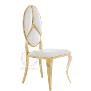 Modern gold stainless steel event chair with a teardrop-shaped black upholstered backrest, stylish designer furniture for luxury catering