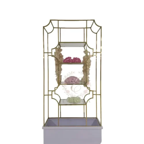 Elegant wine rack featuring classic Chinese lattice patterns in polished gold metal. Perfect for adding cultural charm to wedding banquets, traditional events and upscale venues.