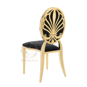 Stylish gold stainless steel wedding chair featuring a tropical palm leaf laser-cut backrest with black accent, perfect for outdoor or island theme events