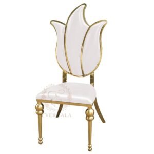 Stunning gold stainless steel event chair featuring a tulip petal-shaped upholstered backrest, creative furniture for garden-themed weddings