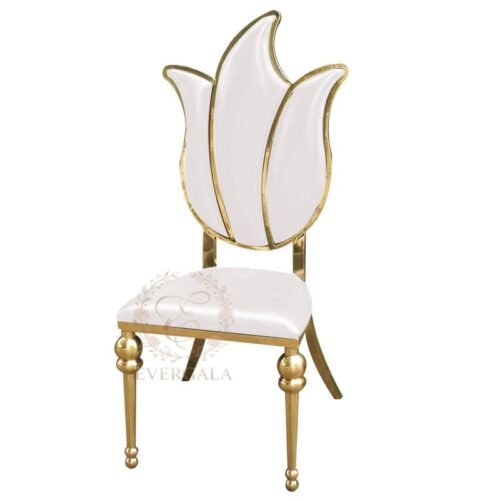 Stunning gold stainless steel event chair featuring a tulip petal-shaped upholstered backrest, creative furniture for garden-themed weddings