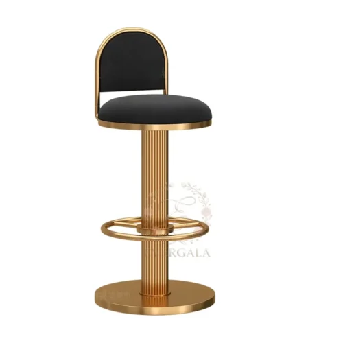 Vibrant two-tone bar stool with contrasting seat and backrest upholstery, supported by a shiny gold metal base. Sturdy construction, ideal for modern weddings, themed events, commercial cafes and banquet setups.