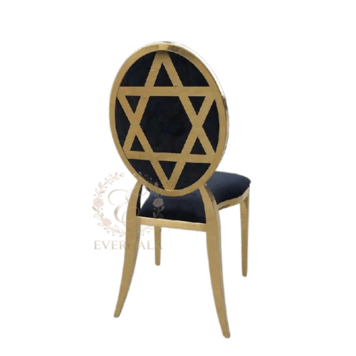Luxury gold stainless steel royal chair featuring a V-letter style circular laser-cut backrest, premium furniture for high-end gala events