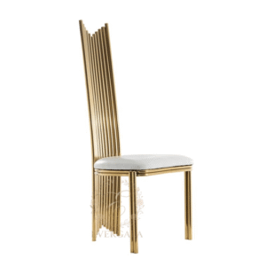 Designer stainless steel dining chair with a V-shape geometric laser-cut high backrest, luxury gold frame for hotel banquets