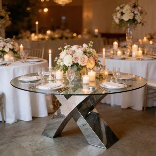 vergala-6-8-seater-wedding-table-rentals-silver-cross-leg (1) Luxury white round wedding table featuring a gold stainless steel fluted pedestal, commercial grade banquet furniture for wedding reception centerpieces, bespoke project supply by EverGala.