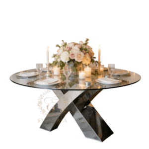 Modern banquet table rentals featuring a rectangular glass top and polished silver X-base, commercial grade event furniture for wedding reception, heavy duty supply by EverGala.