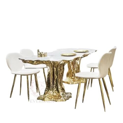 Luxury event furniture featuring a white stone top and gold PVD coating branching metal legs, high-end wedding decor from Foshan furniture manufacturer.