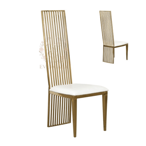Modern gold stainless steel banquet chair featuring a high back with vertical slat laser-cut details, sleek for contemporary events