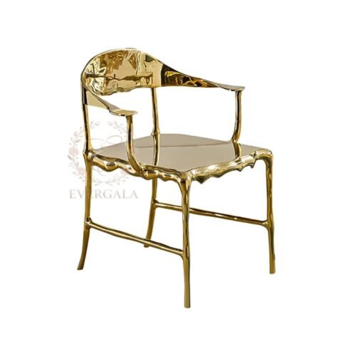 Contemporary gold stainless steel dining chair featuring an artistic wavy pattern laser-cut backrest, durable and stylish for venues