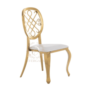 Simple elegant weave design oval backrest stainless steel wedding chair with straight legs, rust-resistant gold finish
