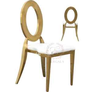 Modern stainless steel banquet chair with an elegant solid white backrest and straight gold legs, factory direct quality
