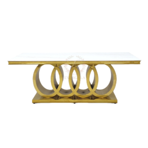 Luxury gold event table featuring a quadruple circle metal base, perfect for elegant banquet hall furniture