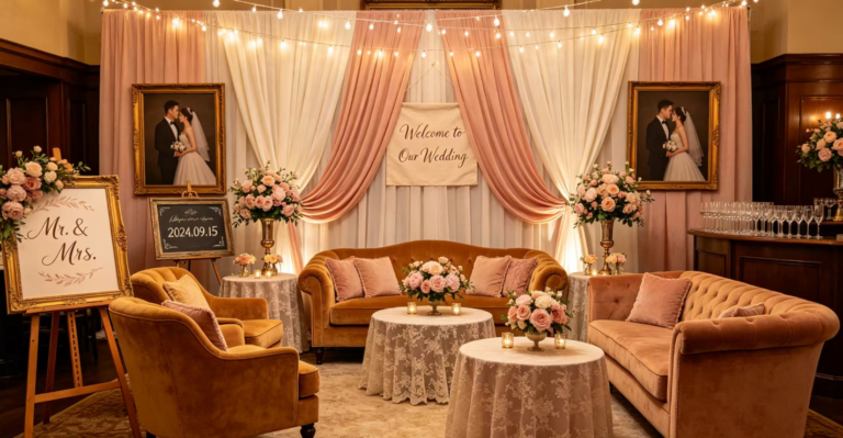 Luxury wedding lounge furniture with velvet sofas and gold coffee tables