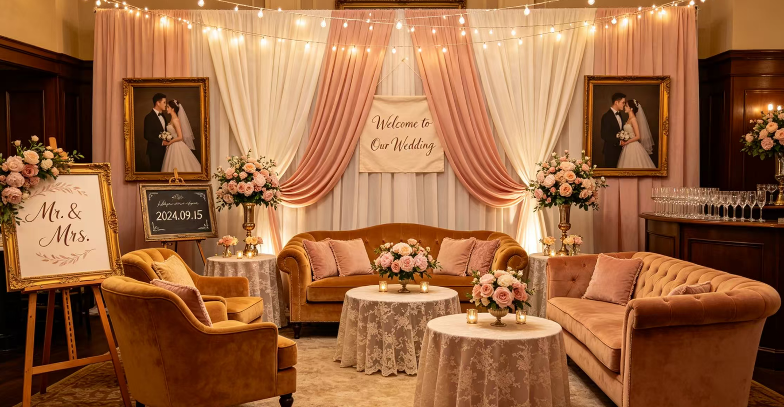 Luxury wedding lounge furniture with velvet sofas and gold coffee tables