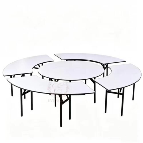 round-pvc-top-folding-banquet-table-factory-direct (1) EverGala factory direct round folding banquet table with a waterproof PVC surface, designed for easy cleaning in wedding events, restaurants, and heavy-use outdoor catering.
