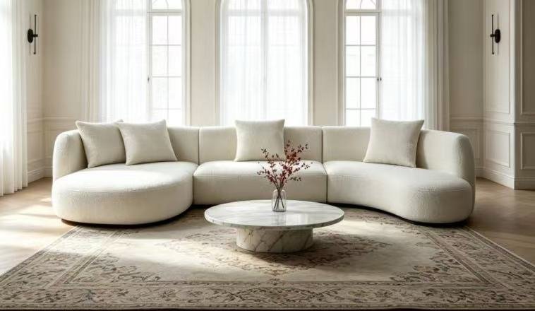 Cream white curved boucle modular lounge sofa setup for modern luxury event and party