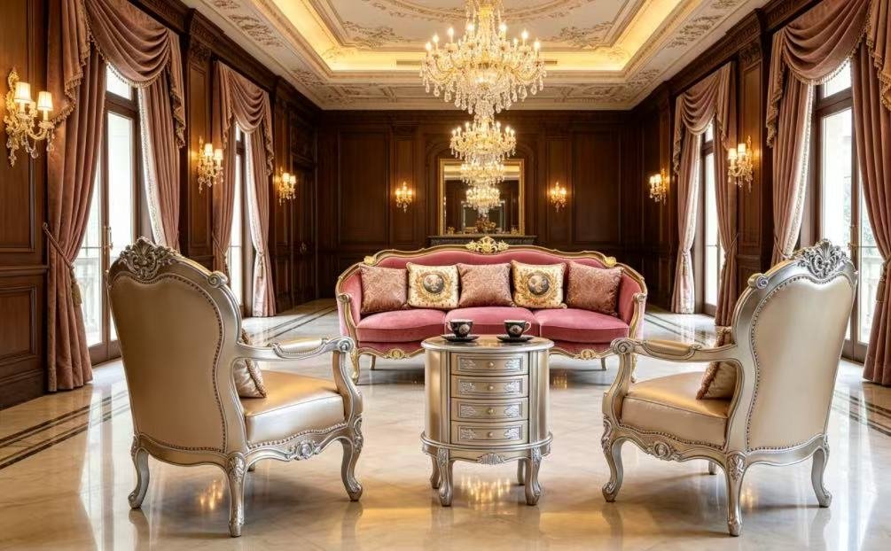 Ornate vintage wooden carved lounge seating and leather accent chairs for outdoor mansion wedding